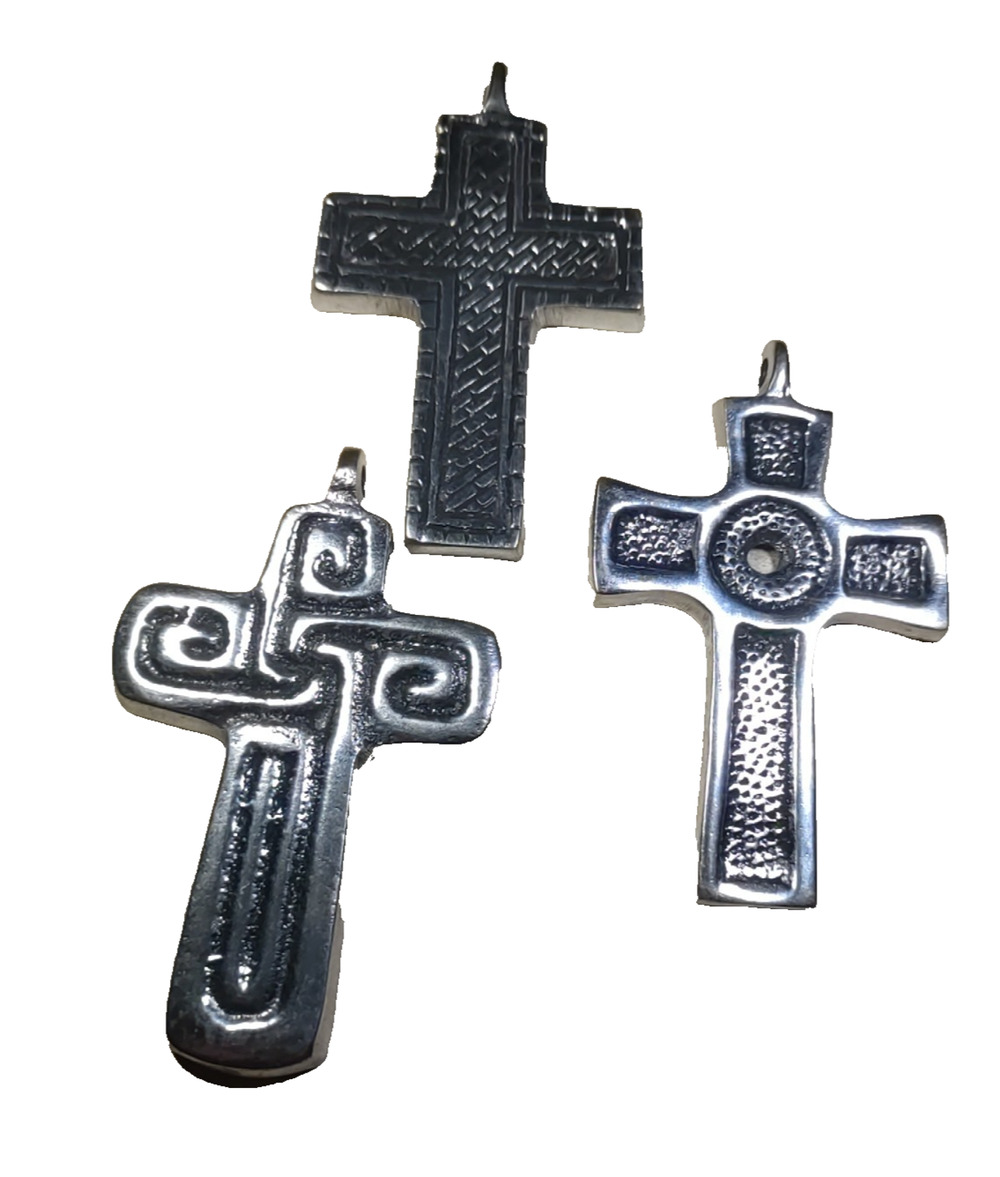 Lot Of Three Silver Tone Cross Made In Mexico 4" Long